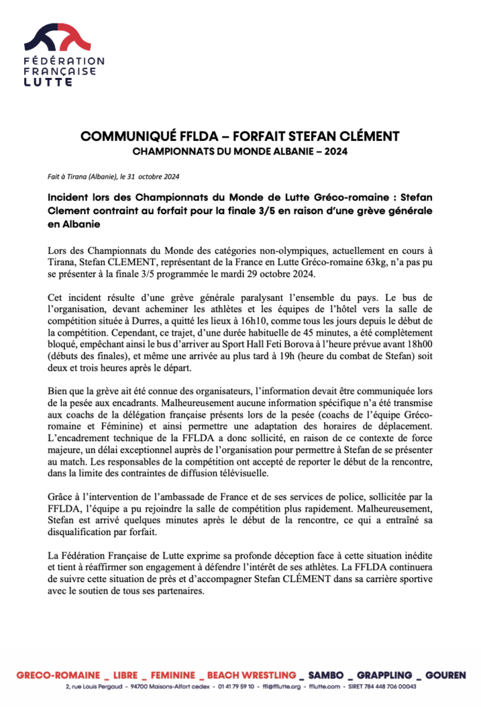 Communiqué - Forfait Stefan CLÉMENT - Photo